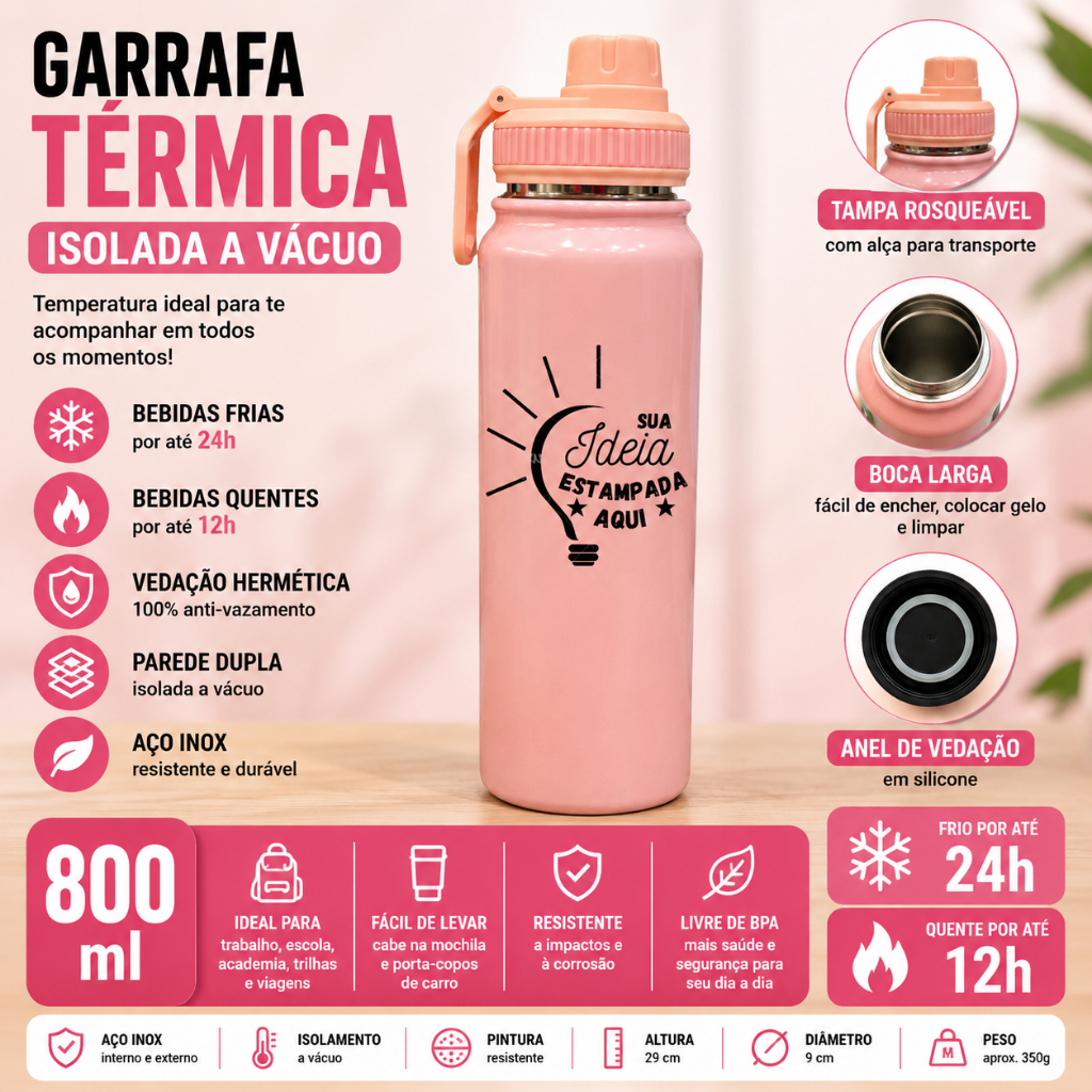 Garrafa Térmica Personalizada 800ml Inox Isolada a Vácuo Antivazamento Parede Dupla Rosa