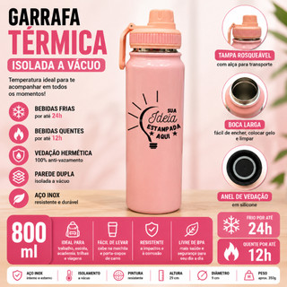 Garrafa Térmica Personalizada 800ml Inox Isolada a Vácuo Antivazamento Parede Dupla Rosa