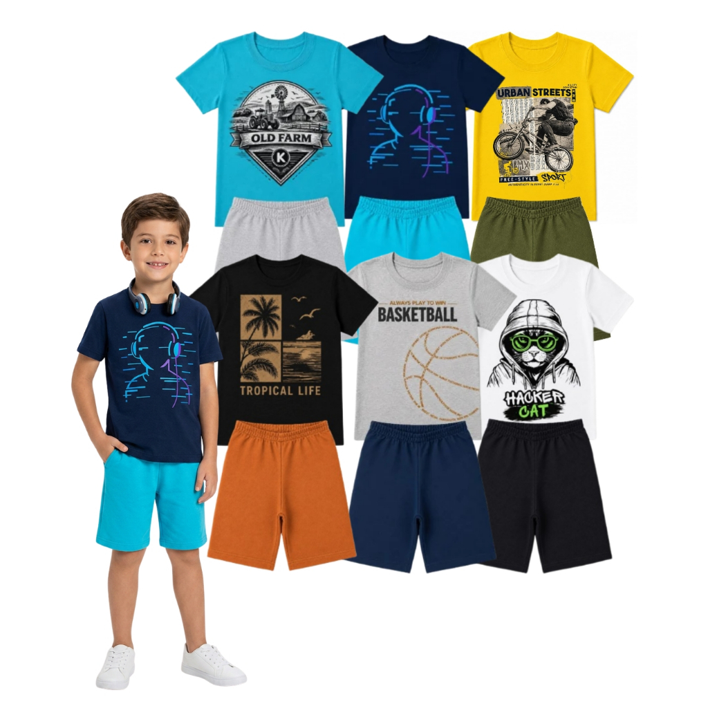 Conjunto infantil Menino Sortido Kit 4 Conjuntos Masculino Verão Camisetas e Regatas com Shorts 8 peças