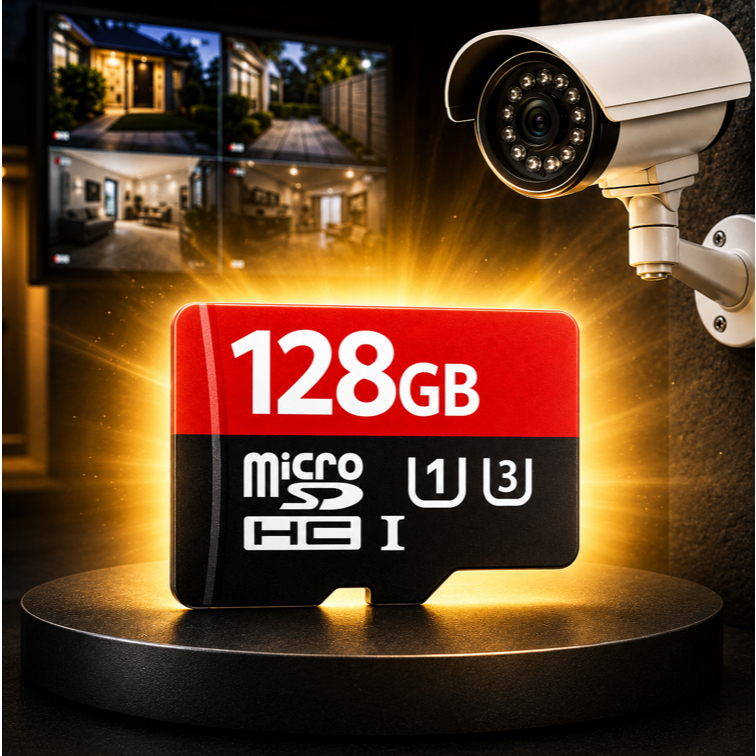 Cartão de memória para câmeras Micro SD de 128 GB com adaptador.