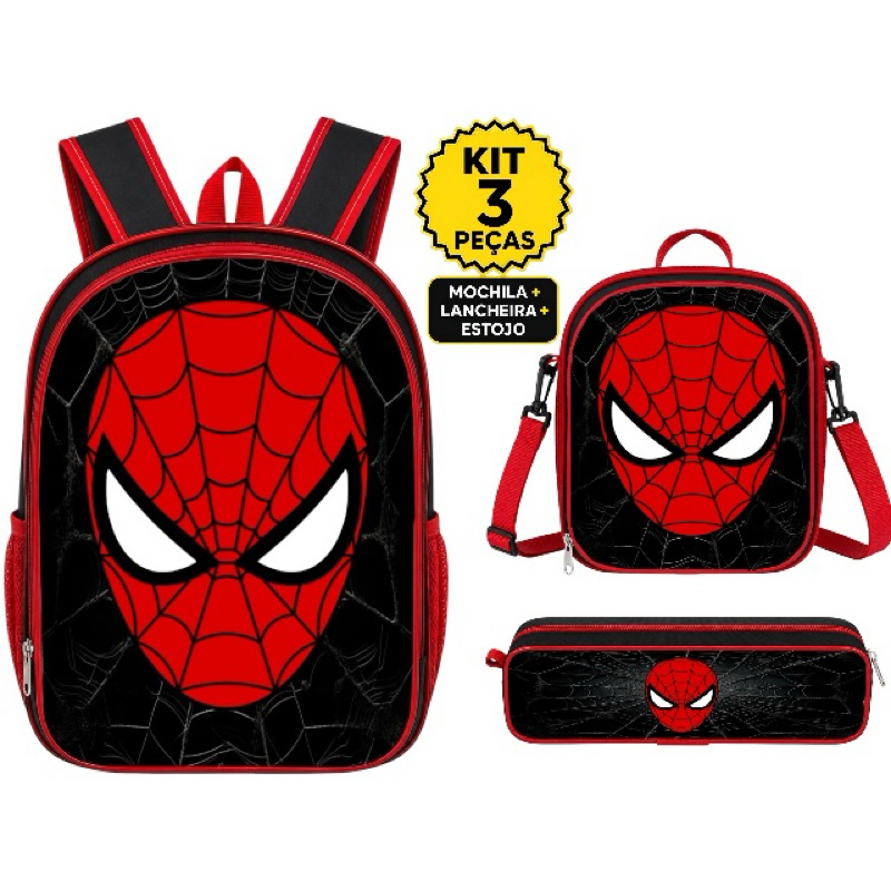 Kit Escolar Homem Aranha Mochila Forro Interno + Lancheira Térmica + Estojo - Resistente - Menino