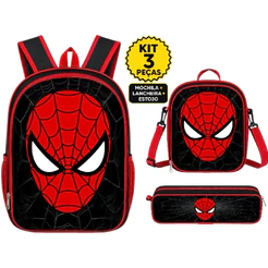 Kit Escolar Homem Aranha Mochila Forro Interno + Lancheira Térmica + Estojo - Resistente - Menino