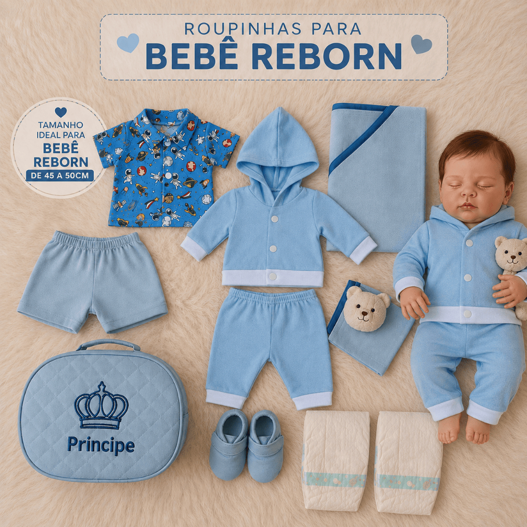 Enxoval Bebê Reborn Boneco Menino Mamãe Reborn 10 Peças - Veste de 45 a 50cm!