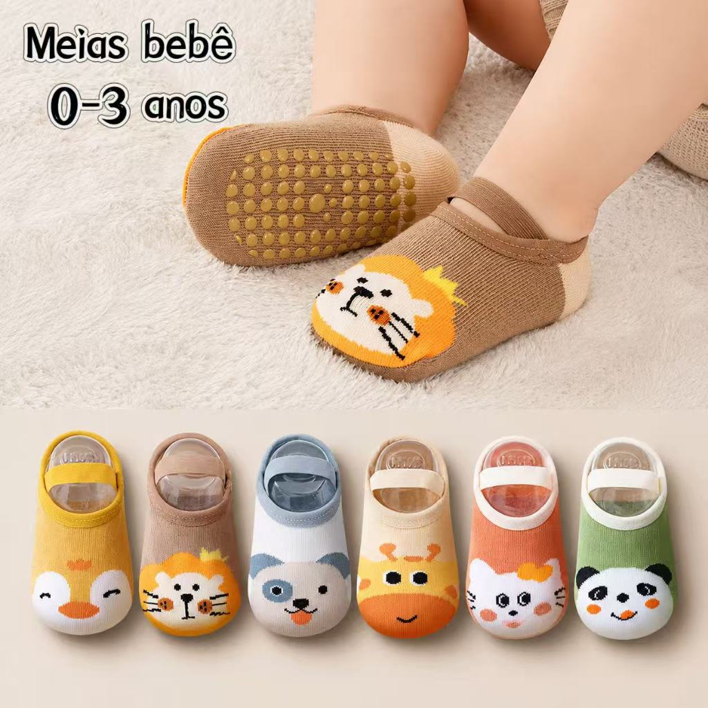 Kit 3 Pares Meias Sapatilha Antiderrapantes para Bebê 0-1/1-3 anos com Estampa de Animais LTT2720-ME6637
