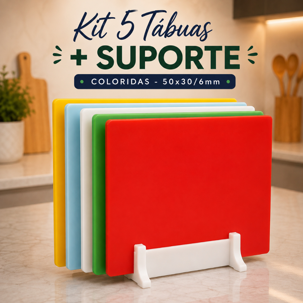 Kit 5 Tabuas De Corte 50x30 6MM + SUPORTE Profissional Antibacteriana  Carnes Legumes Peixes