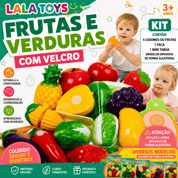 Kit Comidinha Frutas e Verduras Cortar Com Velkro Velcro Brinquedo Crec Crec Peças Infantil