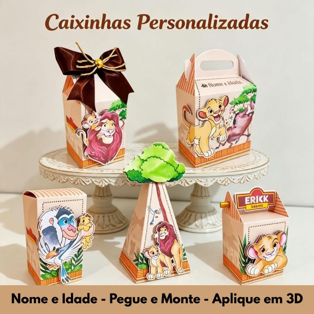 Kit Festa Caixinhas Personalizadas O Rei Leão com Nome  Idade - Lembrancinha Infantil Aniversário com Aplique