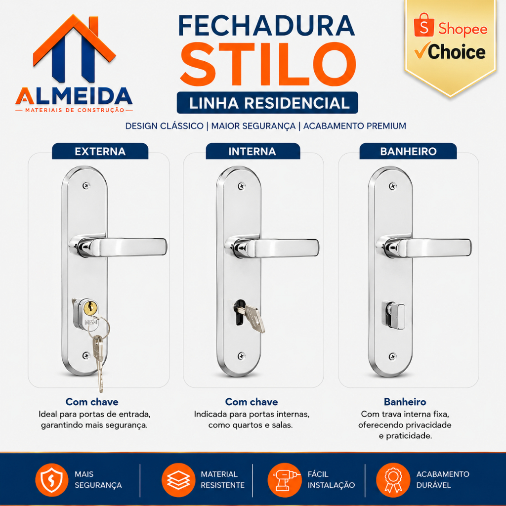 Fechadura para Porta Casa Externa Sala Interna Quarto Wc Banheiro Stilo Prata Cromada Segurança Máxima  MGM