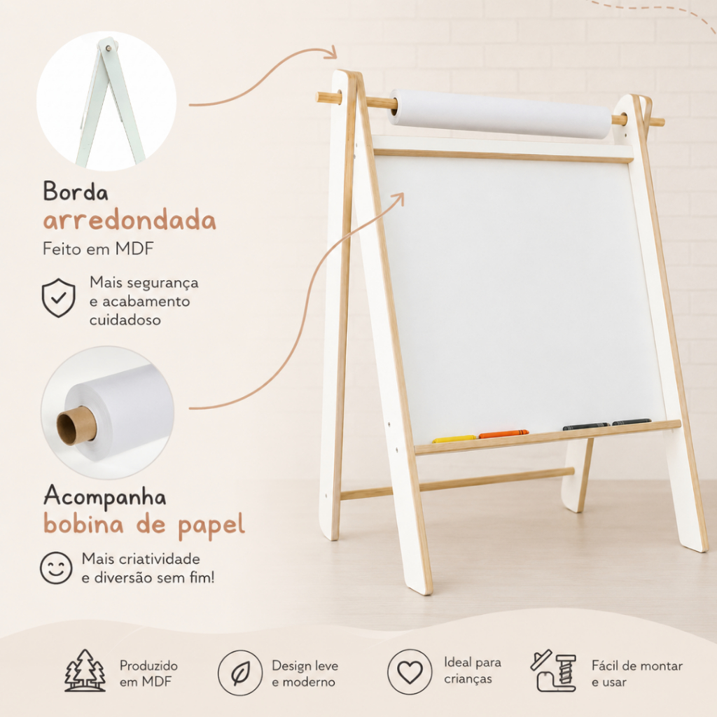 Lousa Cavalete Infantil com Papel Desenhável | MDF | Estilo Montessori — imagem 2 de 2