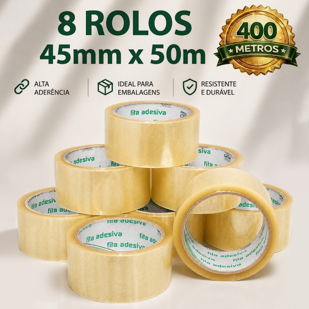 KIT 8 FITAS ADESIVAS TRANSPARENTES 45mm x 50m – MAIS ECONOMIA NAS EMBALAGENS