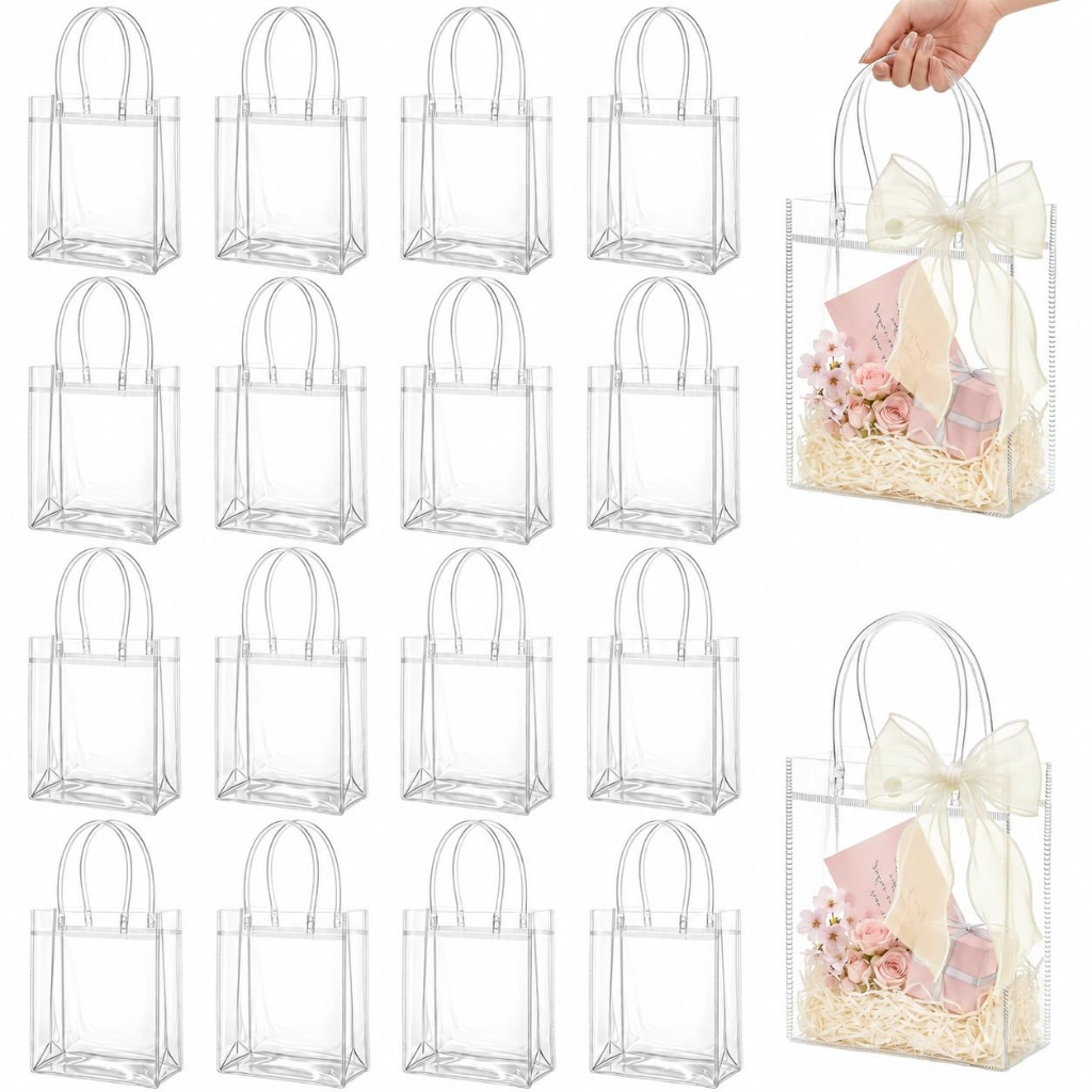 Kit 5/10/15 Sacolas PVC Reforçado Transparente com Alça para Presentes e Lembrancinhas