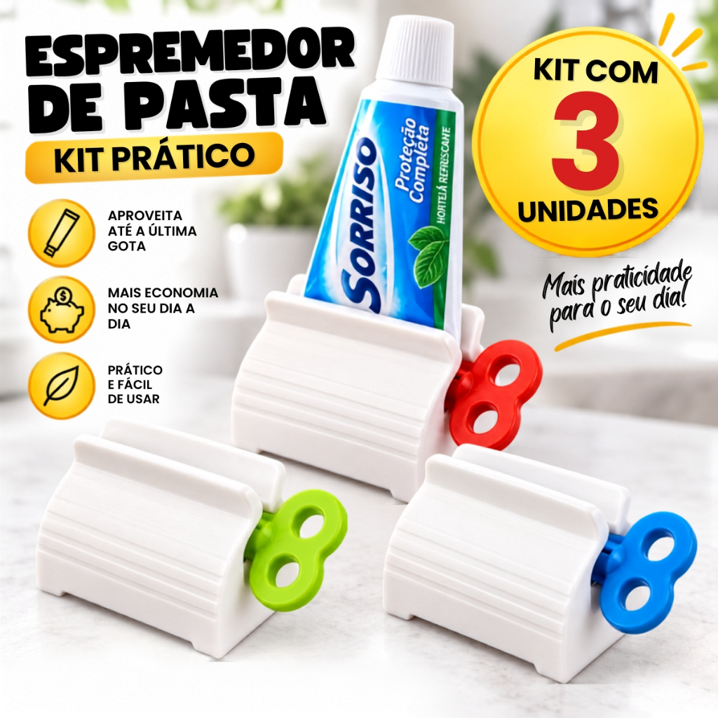 Kit com 3 Espremedor Pasta de Dente Suporte Dispenser Tubo Creme Dental