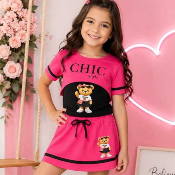 Conjunto Infantil Tam 4 ao 12 | 3 Peças Moletinho Ursinho Cropped + Regata + Short Saia  Feminino