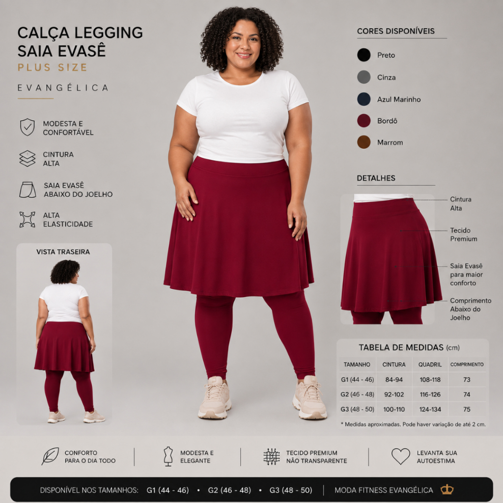 Calça Legging Saia Evase Plus Size Evangelica Academia Fitness com Bolso Caminhada