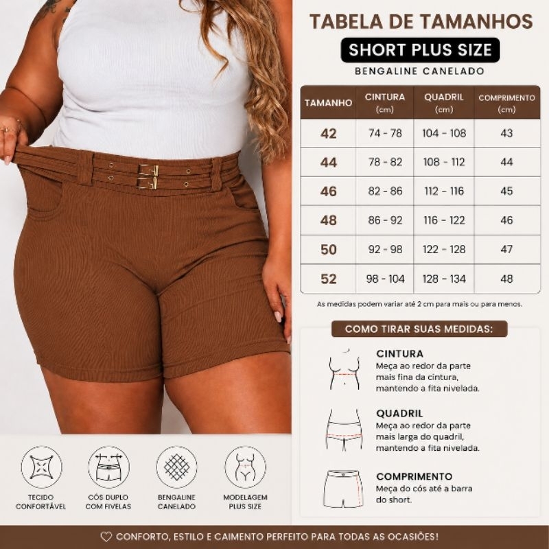 SHORT FEMININO PLUS ZESI DE TECIDO  CANELADO COM ELASTICIDADE COM DOIS CINTOS