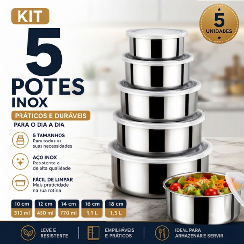 Kit 5 Pote Inox  tampa Tigelas  Pote Redondo 1,5L, 1,1L,  770ml, 450ml, 310ml, Jogo de Pote Cozinha