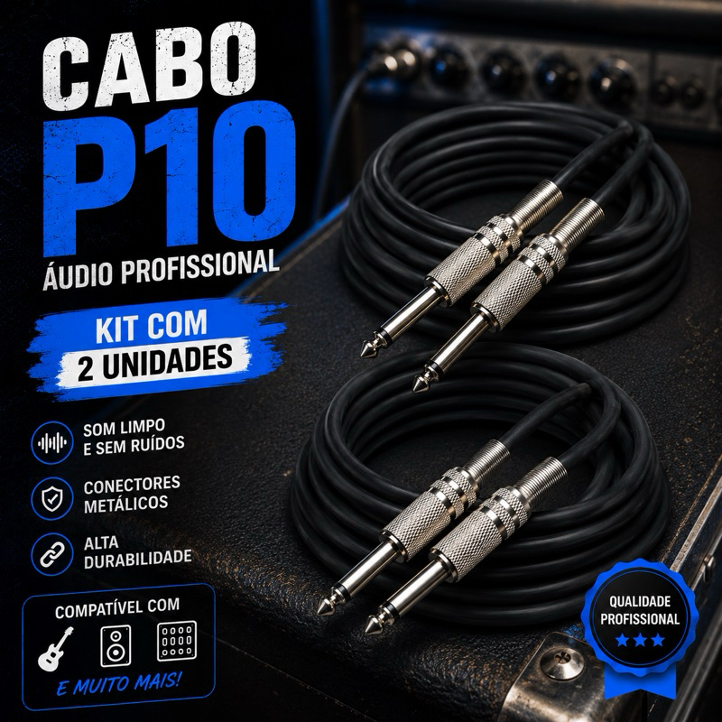 Kit 2 Cabos P10 Profissional 3 Metros Blindado Guitarra Violão Pontas Metálicas Reforçado