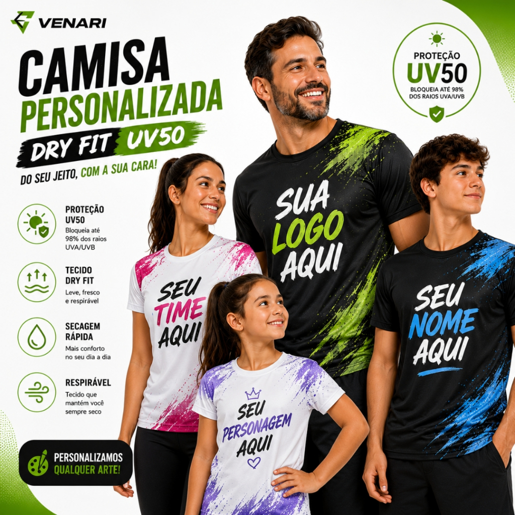 Camiseta Dry Fit Com proteção UV50 Masculina e feminina Personalizada Esportiva Uniformes academia
