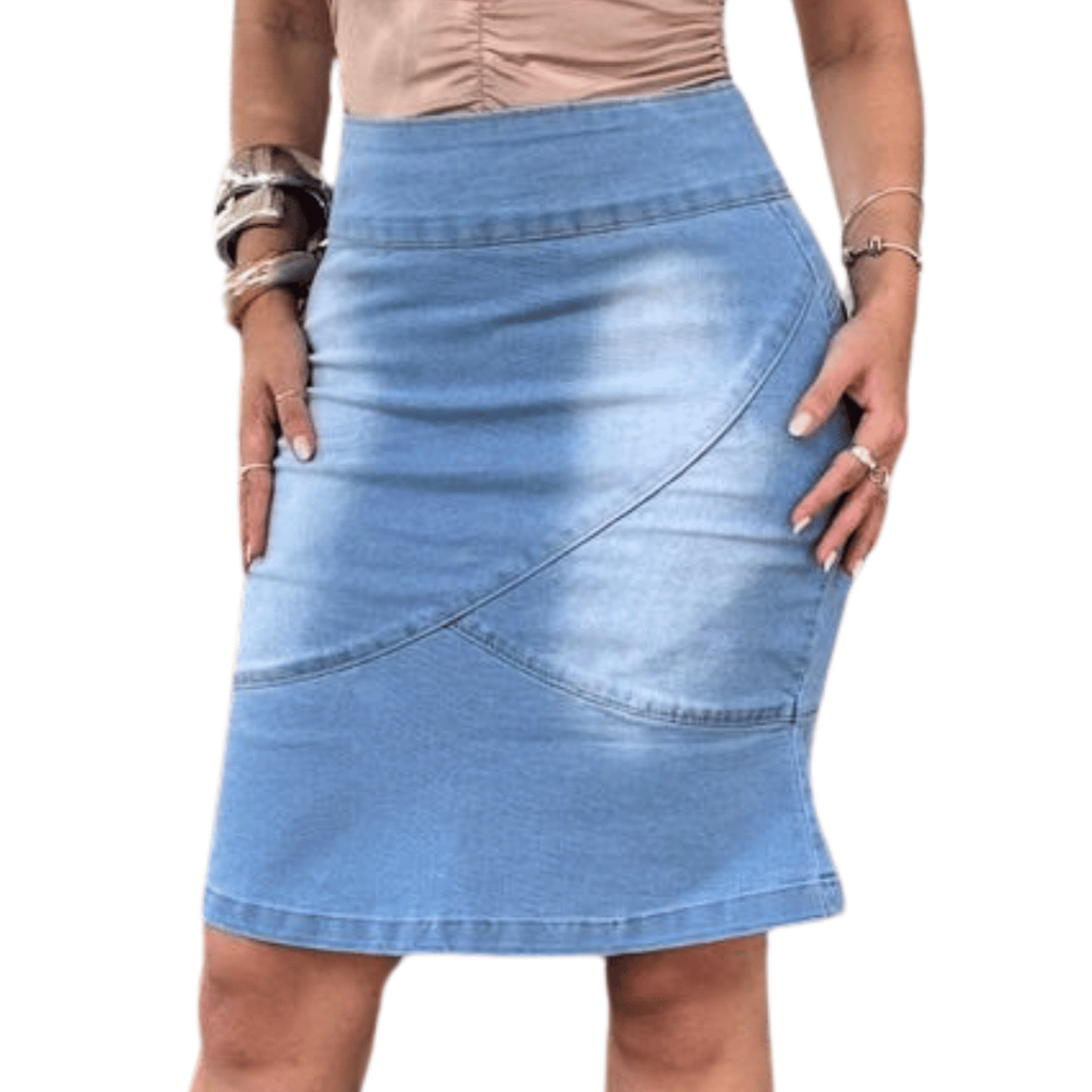 Saia Evangélica Jeans Feminina Lycra Midi Cintura Alta Social Moda Com Babado Modelo Lindo