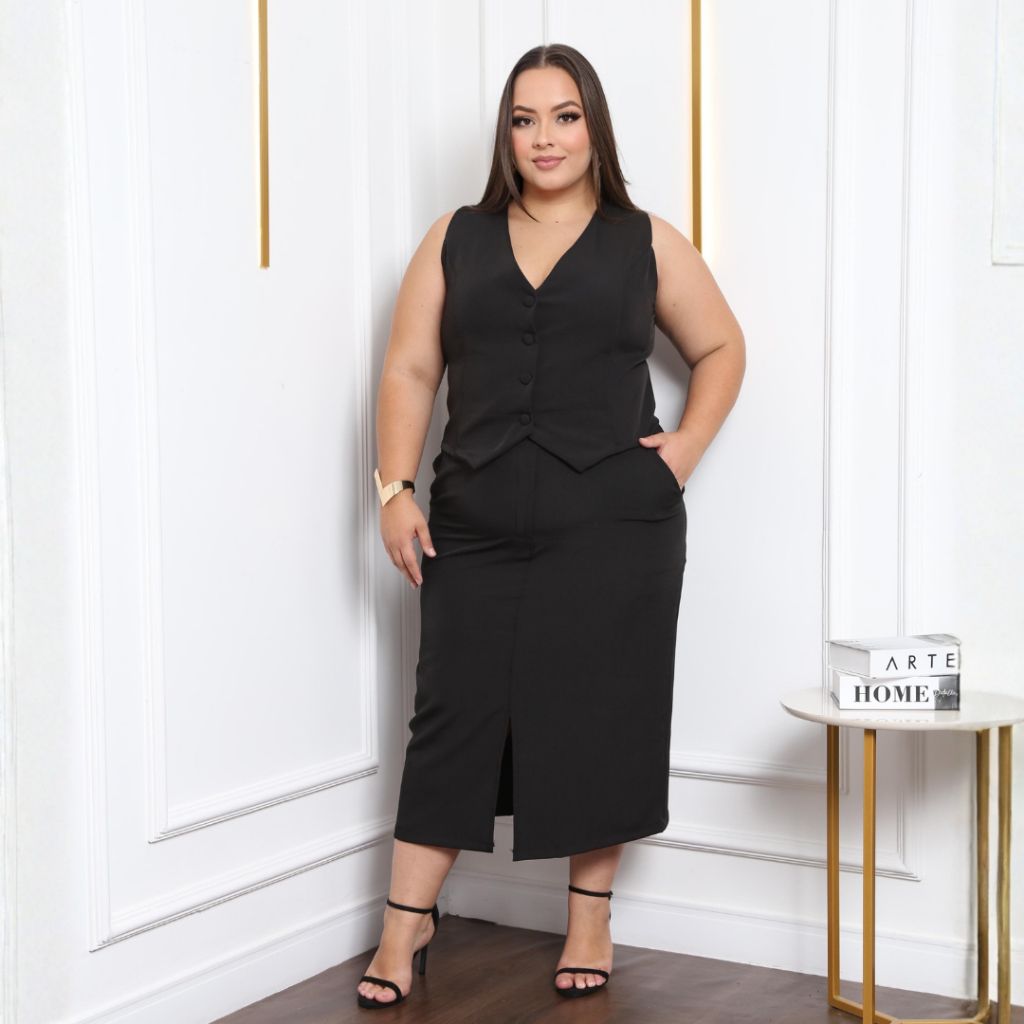 Conjunto Alfaiataria Feminino Plus Size Colete e Saia com Fenda Elegante Social