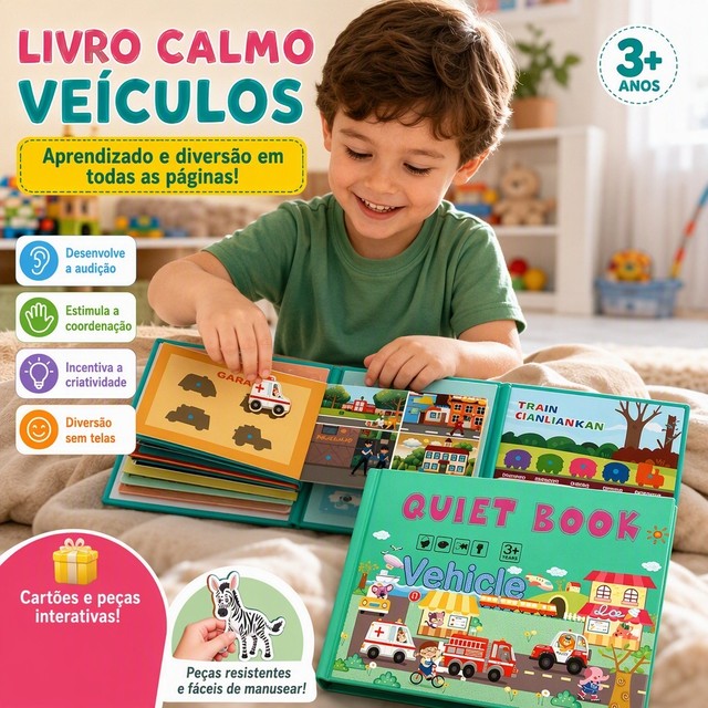 Quiet Book Brinquedo Infantil Temático Veículos Estimula Imaginação Crianças 3 Anos+ Atividades Educativas