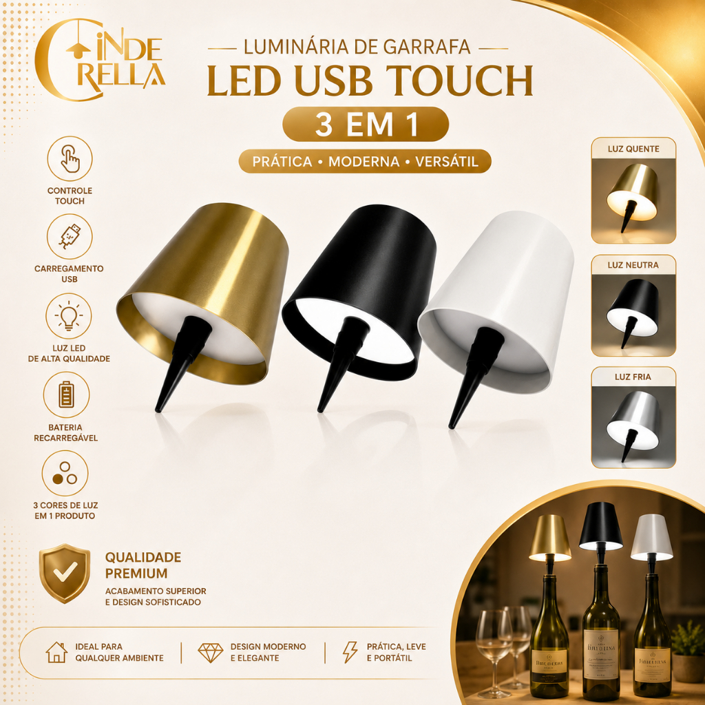 Abajur Luminária de Garrafa LED USB Touch 3 em 1 Regulável RGB Decorativa