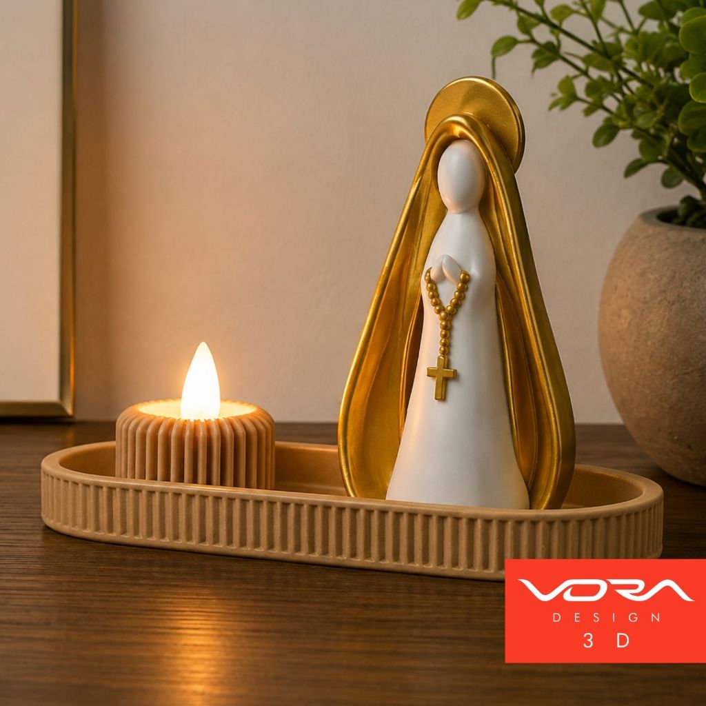 Nossa Senhora Aparecida Decorativa com Bandeja, Porta-Vela e Vela LED | Lembrança Religiosa para Presente