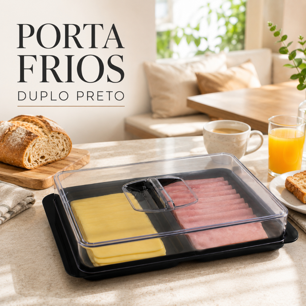 Porta Frios Duplo Preto com Tampa Transparente Organizador de Geladeira para Presunto Queijo e Frios