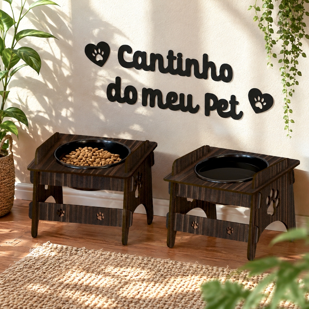 Kit 2 Comedouros Para Pet Pequeno Com Quadro Cantinho Do Meu Pet De Brinde