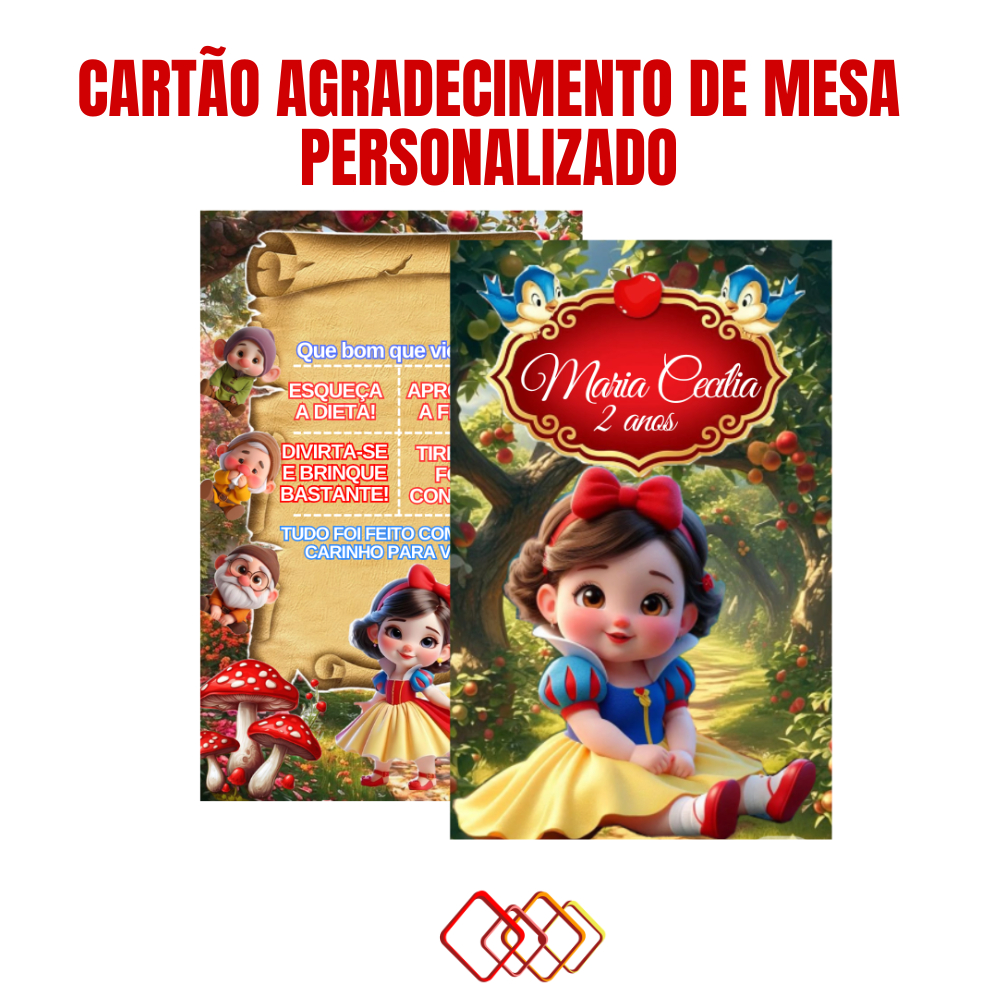 Branca de Neve - Plaquinha de Mesa Personalizada para Festa Infantil - Aniversário