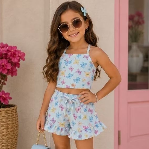 Conjunto Infantil Menina Cropped e Shorts Borboletas  Roupinha Infantil Feminina