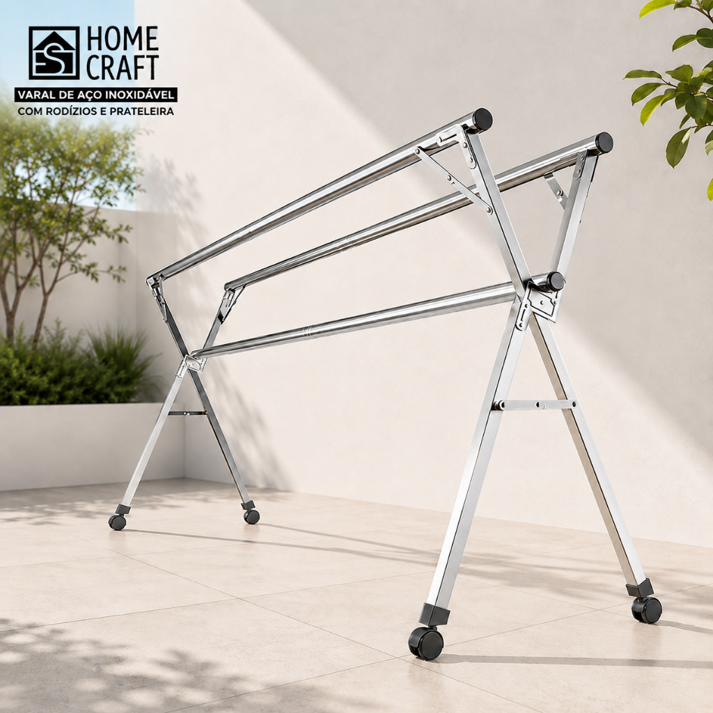 Varal de Chão Grande Dobrável com Rodinhas em Aço Galvanizado Reforçado para Roupas – Estrutura Resistente