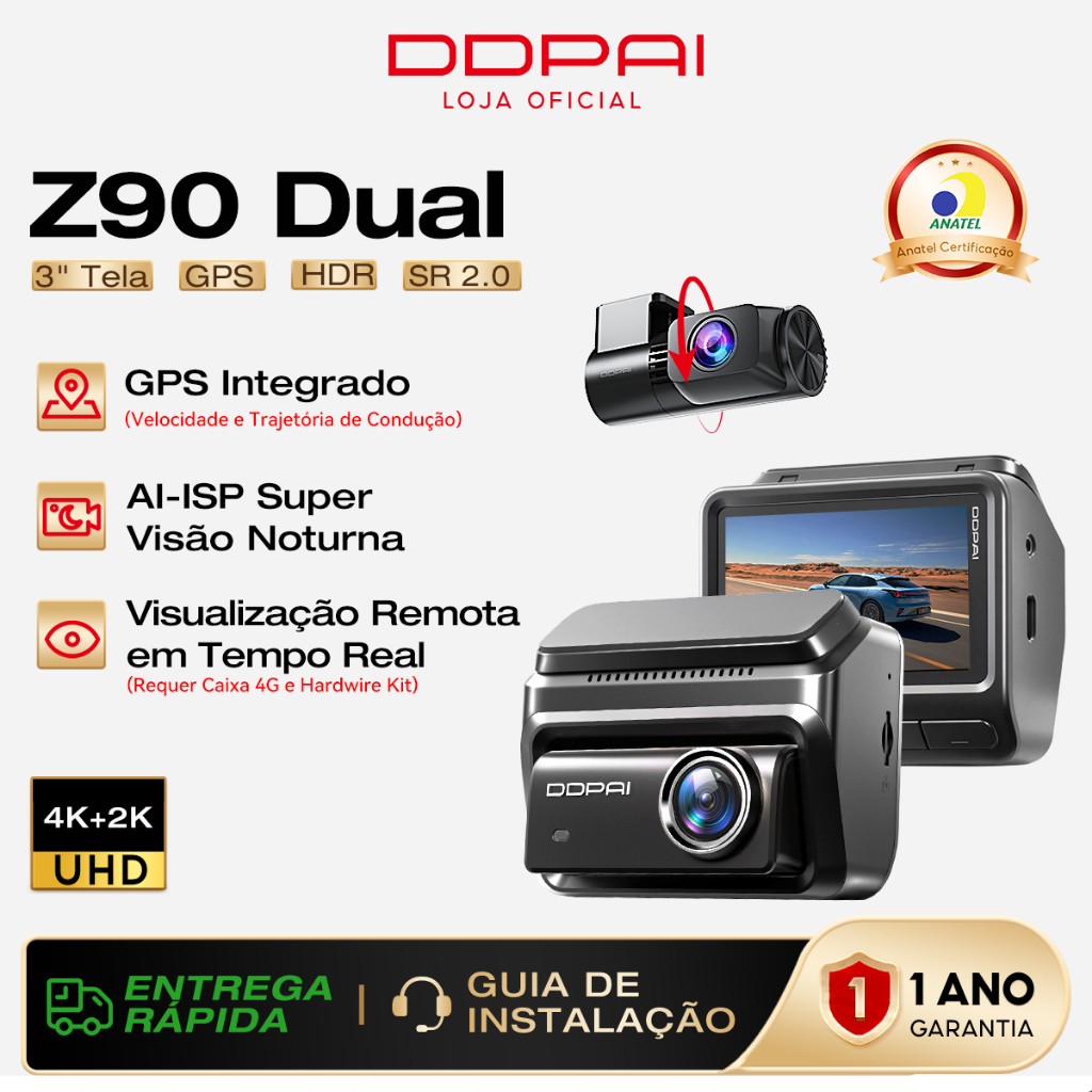DDPAI Z90 4K+2K Câmera Veicular Visão Noturna Suporte Monitoramento Remoto GPS ADAS WiFi 3" Tela