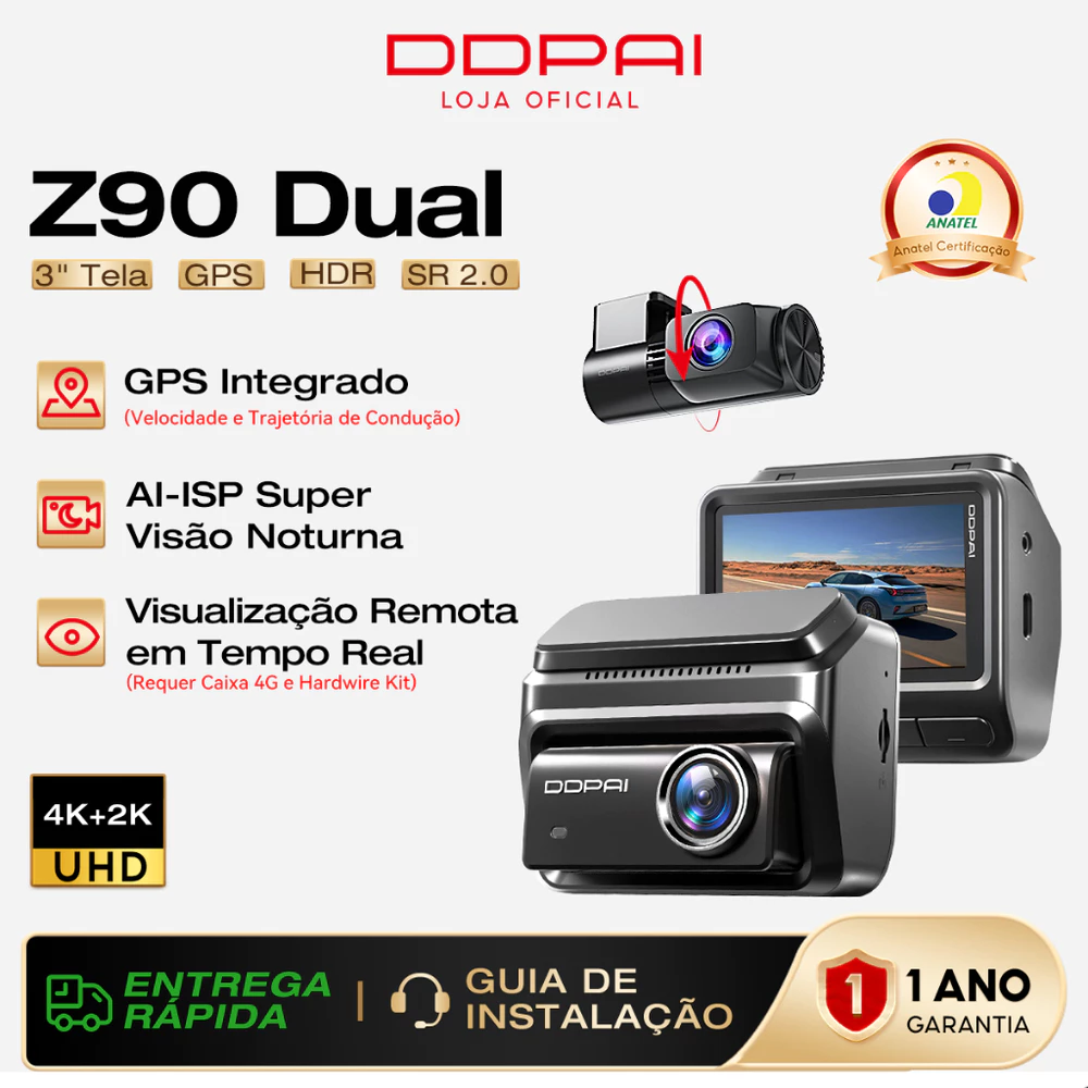DDPAI Z90 4K+2K Câmera Veicular Visão Noturna Suporte Monitoramento Remoto GPS ADAS WiFi 3" Tela