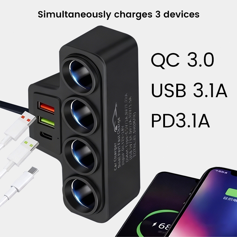 Adaptador para isqueiro de carro 4 em 1 de 120 W, com tomada USB de 12 V/24 V. — imagem 2 de 2