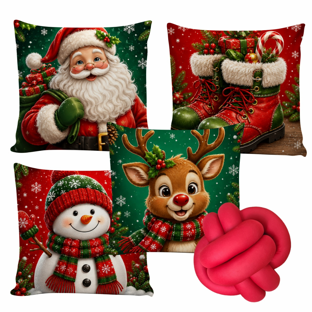 Kit 04 Capas de Almofadas Decorativas com 01 Almofada de Nó para Decoração de Natal - Papai Noel