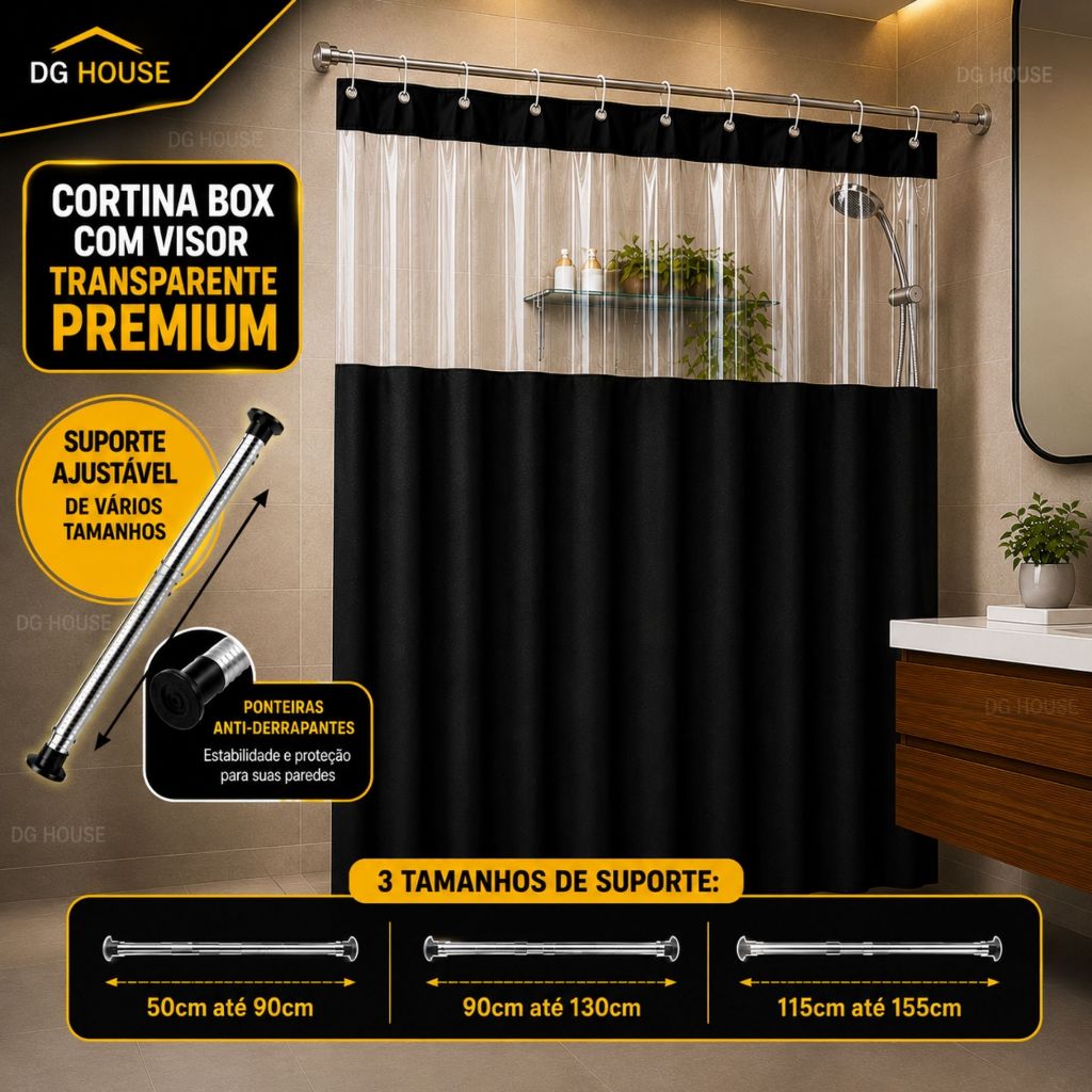 Cortina Box em PVC Para Banheiro Anti Mofo Com Ganchos Varias Cores + Suporte de cortina