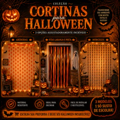 Cortina Halloween Decoração 1m x 2m Abóbora Morcego Preto e Laranja Festa Painel Porta Parede - Unidade ou Kit 2
