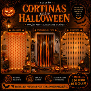 Cortina Halloween Decoração 1m x 2m Abóbora Morcego Preto e Laranja Festa Painel Porta Pa…