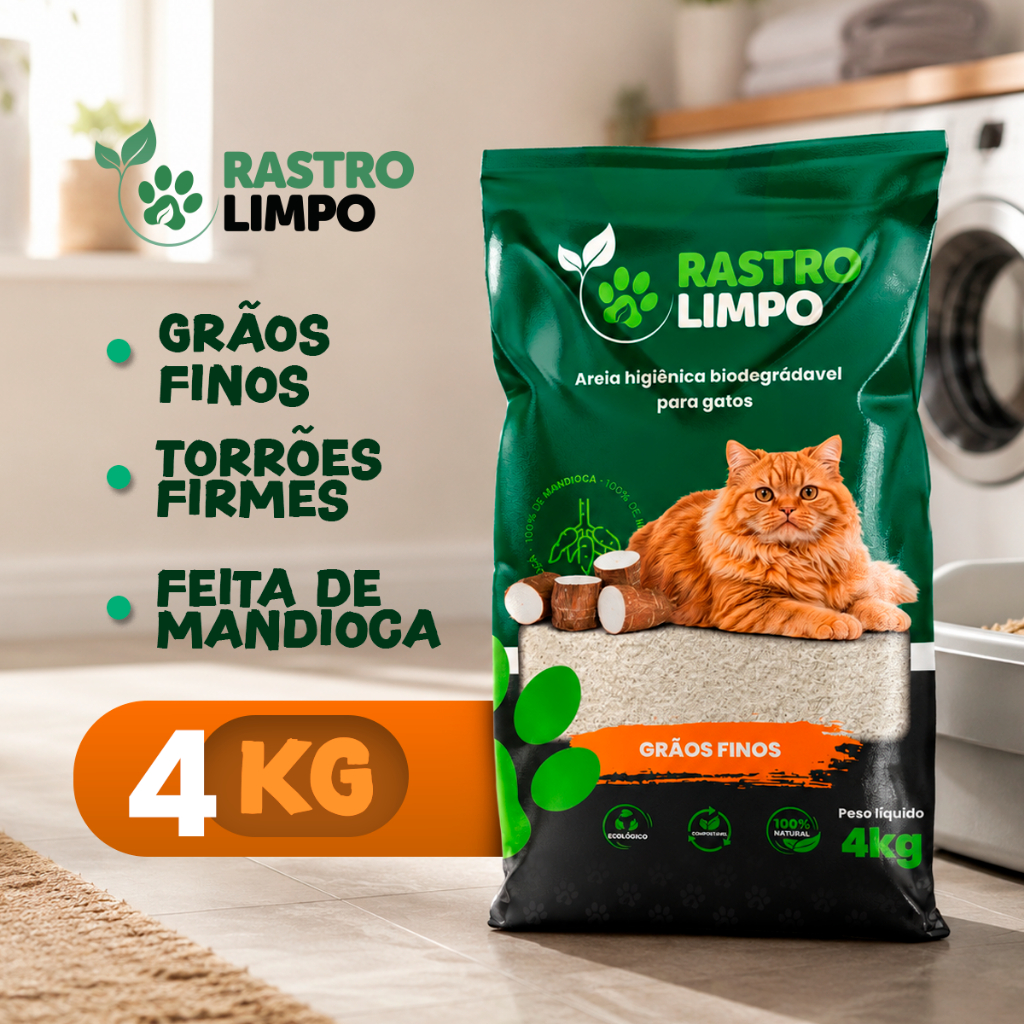Areia Biodegradável Grãos Finos 4 Kg Higiênica - Rastro Limpo Premium Torrões Firmes para Gatos