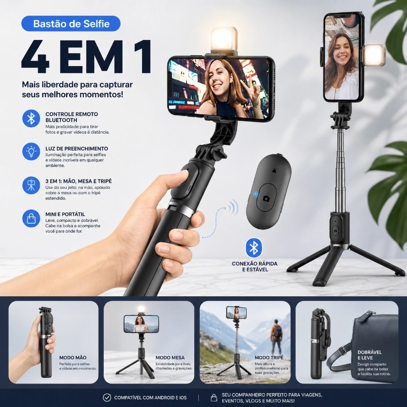 Bastão de Selfie Tripé Bluetooth 1,70m Controle Remoto com luz Sem Fio 360° Suporte Universal para Celular-R1701/R370