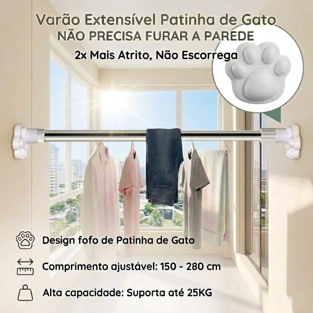 Varão Extensivel Patinha de Gato Sem Furar Parede SEM FUROS Suporte Cortina Extensível 2X Mais Firme