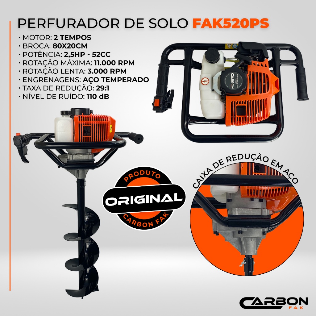 Perfurador de Solo a Gasolina 52cc 2,5HP com Brocas 80x20cm + 80x15cm + Extensor 1m Carbon Fak — imagem 2 de 2