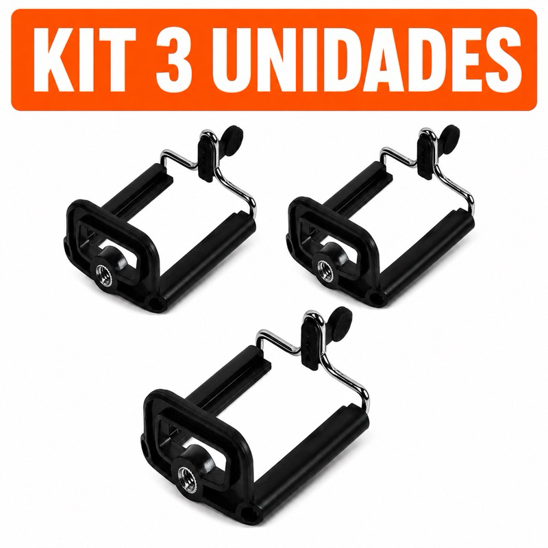 Kit 3 Suportes de Celular Universal para Tripé com Rosca 1/4 Ajustável Porta Smartphone