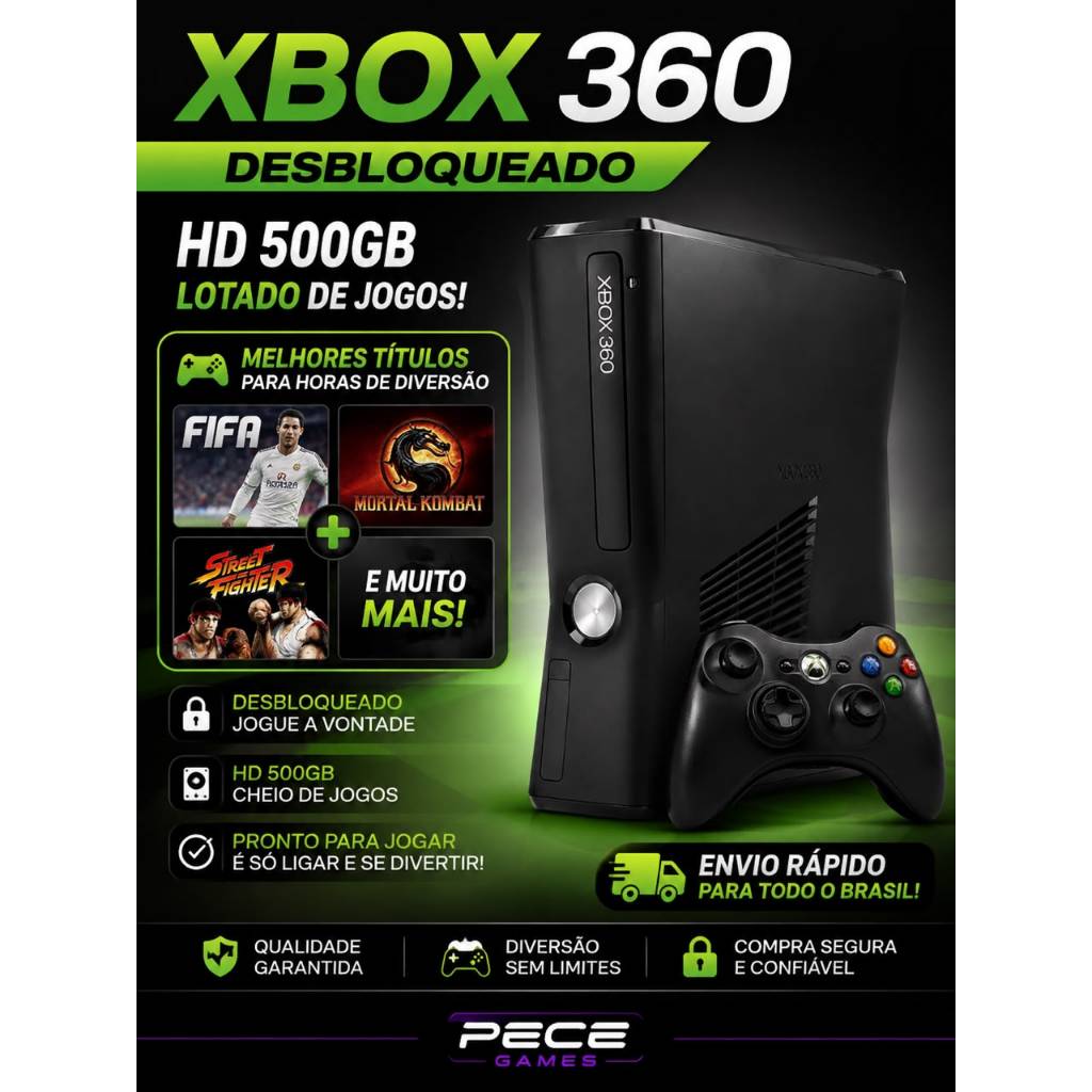 Xbox 360 Desbloqueado RGH | Hd 500GB Lotado de Jogos