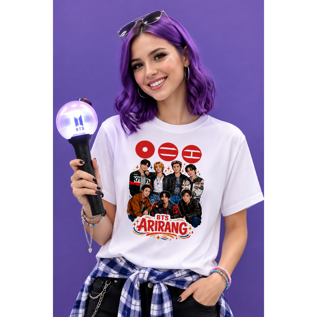 Camiseta BTS Unissex Show Arirang Turnê Brasil Blusa BTS Unissex Do P ao XG  Branca ou Colorida e Infantil Promoção