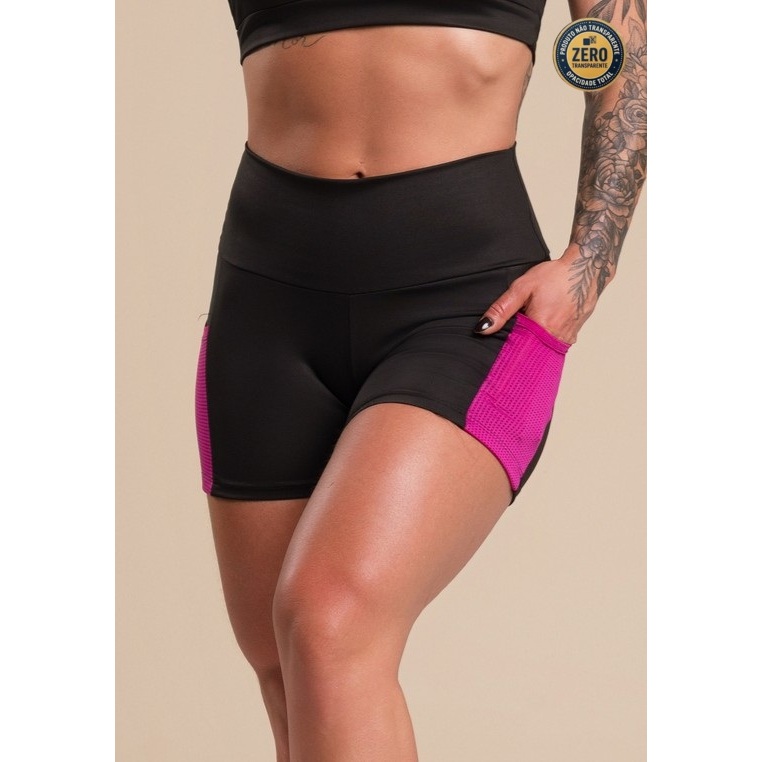 Short Fitness Curto Cintura Alta Feminino Com Bolso Tela Lateral Academia Treino Moda Casual Corrida ZERO TRANSPARÊNCIA