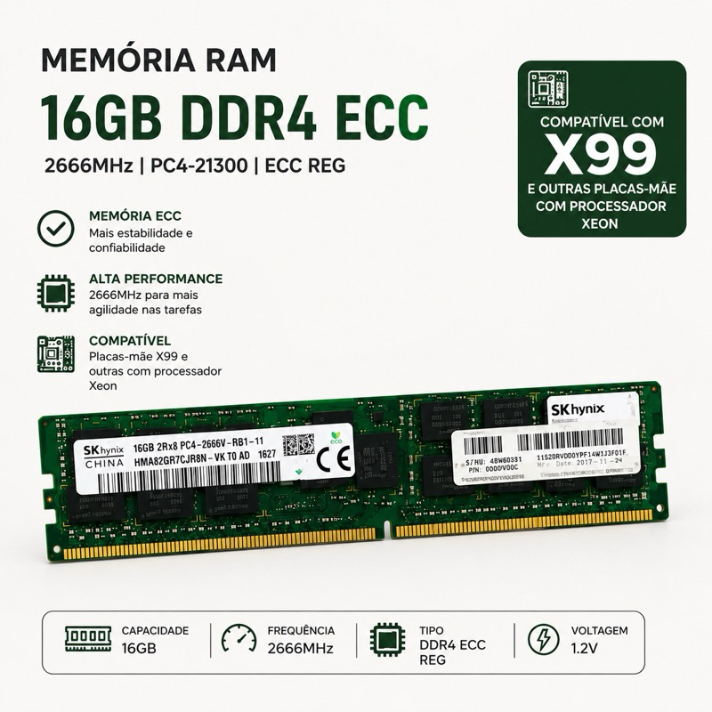 Memória RAM SK hynix 16GB DDR4 ECC REG 2666MHz / X99/Xeon