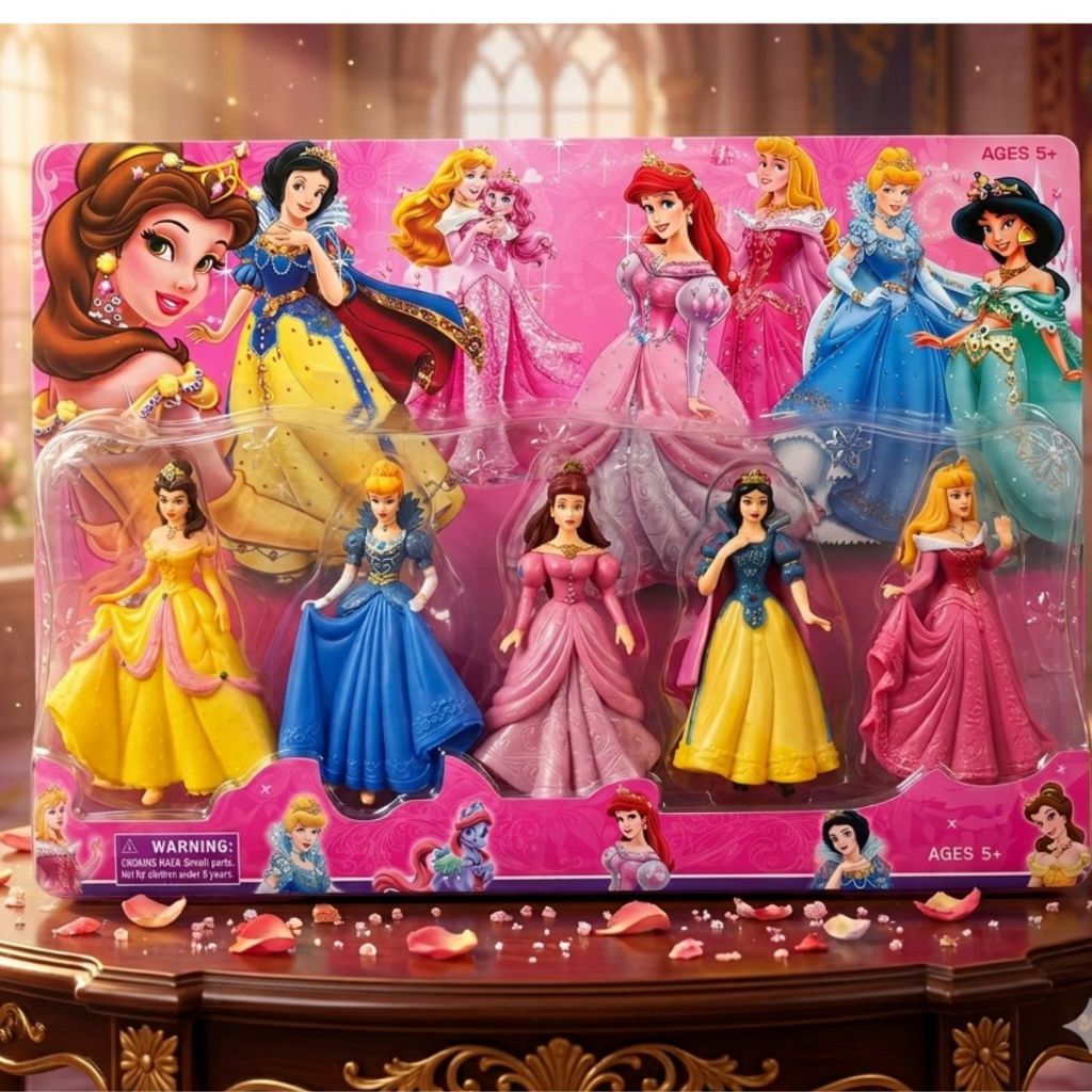 Kit 5 Bonequinhas Princesas da Disney Bela Cinderela Bela Adormecida Branca de Neve Ariel Rosa