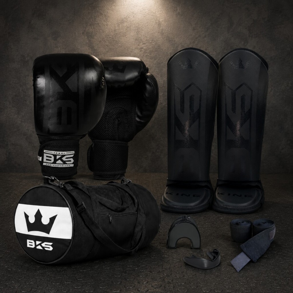 Kit Luva de Boxe Completo para Iniciantes - BKS Boxing - Muay Thai Kickboxing com Caneleira Bandagem Bucal e Bolsa